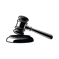 Black and white illustration of a wooden judge s gavel resting on its sounding block