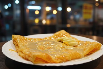 Thai street food roti with banana and condensed milk on a paper plate at a night market