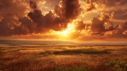 A golden sunset sky with orange and yellow clouds in high definition, vibrant gold hues adding depth, reflecting warmth and tranquility on the ground for an atmospheric natural backdrop.