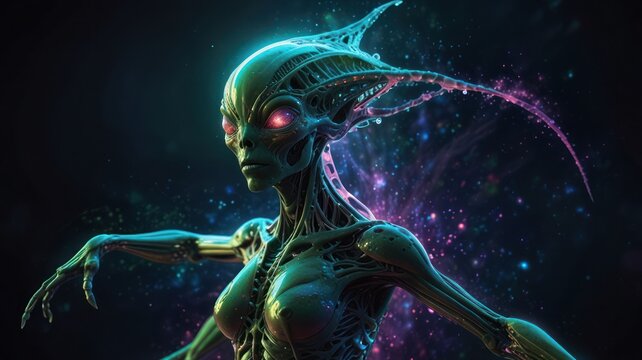 Alien humanoid with glowing eyes in front of a starry cosmic background