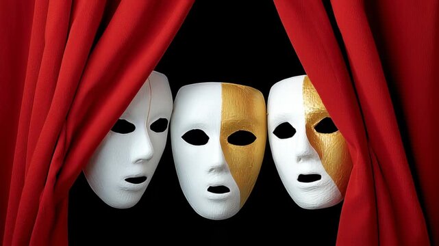 Three theatrical masks in white and gold colors partially visible behind red velvet curtains, symbolizing drama and performance art, creating a captivating atmosphere of mystery and creativity