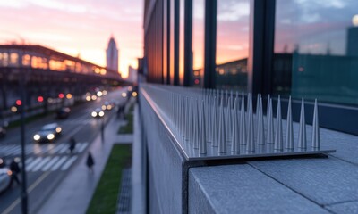 Fototapeta premium Metal spikes deter birds from building nests on a modern building