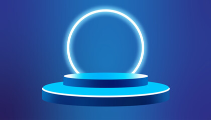 3D blue podium with neon light circle glows behind a podium in a dark room,  product display, mockup, showroom, showcase