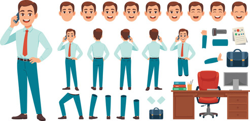 Business Character Design with Various Expressions, Poses, Accessories, and Office Setup Editable Vector Illustration for Animation and Professional Adobe Stock Use