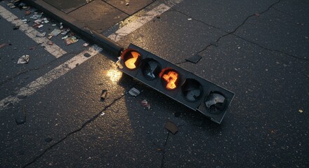 Fototapeta premium Broken traffic light lying on wet asphalt with puddles and trash in gritty urban street scene