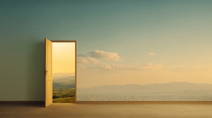 An open door in a bare room reveals a scenic view of a cityscape, mountains, and sky under warm, golden sunlight.
