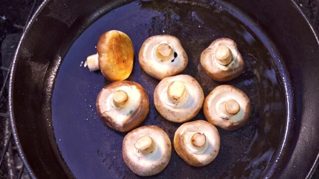 Top down view. Champignon mushrooms being roasted in a cast iron pan outdoors on the grill. Slow motion 100 fps.