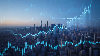 Abstract digital finance graph overlay on a modern city skyline, symbolizing stock market growth and global economic data.