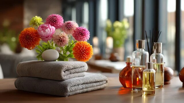 Fresh flowers towels and spa essentials arranged in a luxury hotel room with soft natural light and a blurred green background creating a peaceful and inviting wellness atmosphere