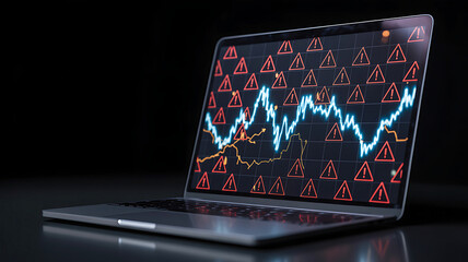 Financial crisis concept. Stock market graph on a laptop screen with alert symbols representing risk, recession, and economic danger.