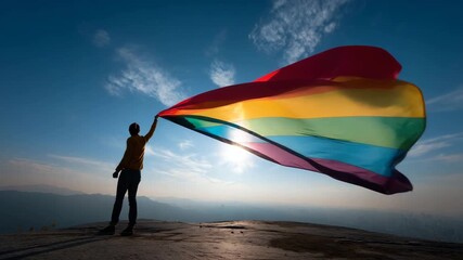 Young man holding a waving LGBT flag against the sky symbolizing pride freedom equality and support for the LGBTQ community - Powered by Adobe