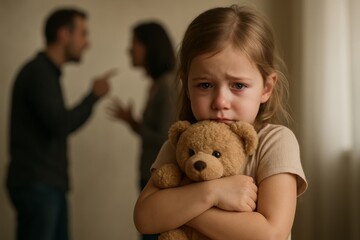 Young girl holding teddy bear while parents argue in background  
