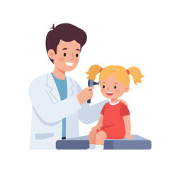 Pediatrician Performing an Ear Examination: Flat Vector Illustration of a Male Doctor Checking a Happy Girl's Ear