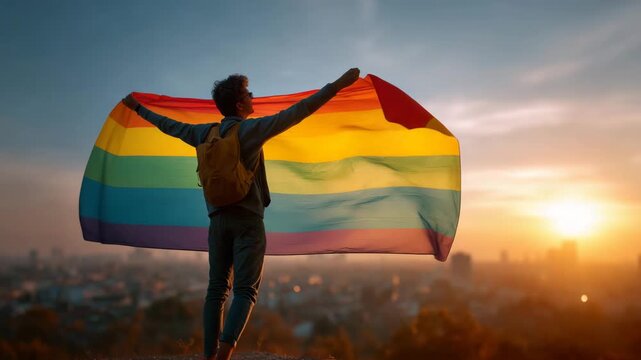 Young man holding a waving LGBT flag against a sunset sky symbolizing pride freedom identity and support for the LGBTQ community