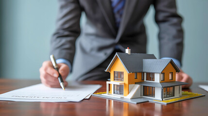 Businessman in a suit signing a real estate contract with a model house on the desk, representing a property purchase or mortgage deal.