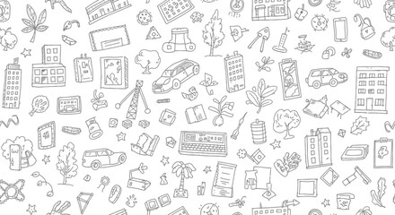 Doodle Pattern of City Elements and Random Objects in Black