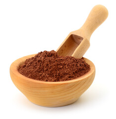 Cocoa in a wooden bowl isolated.
