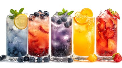 Colorful fruit soda drinks with lemon blueberry strawberry peach orange in clear glasses on white background