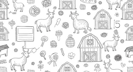 Naklejka premium Hand-Drawn Farm Animal and Barnyard Doodle Illustration Pattern Background