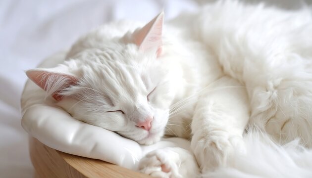 Fluffy white cat peacefully sleeps curled in a light wood bowl-shaped bed