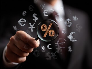 A businessman uses a magnifying glass to focus on a percentage symbol surrounded by global currency symbols, highlighting interest rates and forex trends.