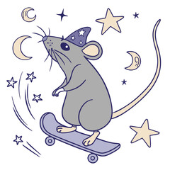 Creative SVG: Funny Rat with riding a skateboard in a Magical Night colored Starry night theme