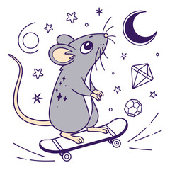 Creative SVG: Funny Rat with riding a skateboard in a Magical Night colored Starry night theme