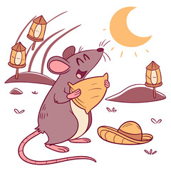 Cute SVG of a Excited Rat in Sundown Glow colors, featuring hugging a pillow in a Desert sunset setting