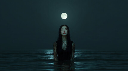 Midnight horror in the middle of the dark ocean sea lit full moon asian women ghost water spirit eerie scary pale face dark black dress