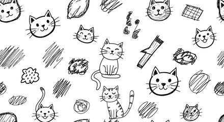 Seamless Pattern with Hand Drawn Cats and Scribbles on White