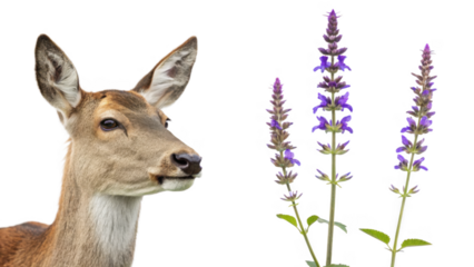 Deer animal and False Salvia flower isolated on transparent background