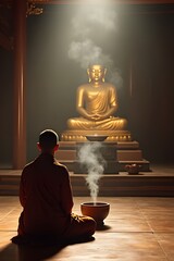 A Buddhist monk  on the temple floor 