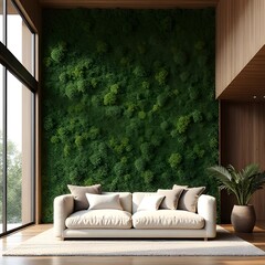 A high ceiling home interior with lush biofilic wall 
