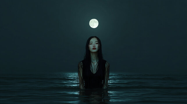 Midnight horror in the middle of the dark ocean sea lit full moon asian women ghost water spirit eerie scary pale face dark black dress