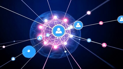 Animated social network connection with user icons symbolizing global connectivity - Powered by Adobe