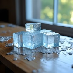 ice cubes on a wooden background
