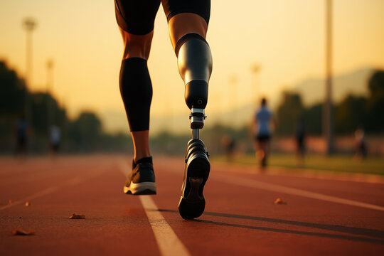 Athlete running with prosthetic leg track sports
