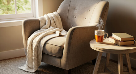 Reading nook featuring a comfortable armchair, a soft throw blanket, and a small table with a steaming cup of tea