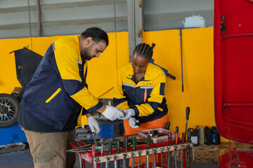 Small business garage mechanics pose confidently in partnership, male and female workers in uniform represent modern professional teamwork, equality, and trusted auto service, accident insurance