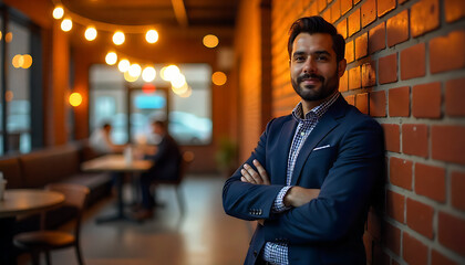 A confident man leaning against a brick wall in a cozy, warmly lit cafe with string lights in the background. (4K and HD)