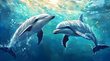 Obraz premium Charming fantasy concept artwork depicting friendly dolphins leaping and swimming gracefully in vibrant, sparkling ocean waters with soft ethereal lighting and colorful marine life