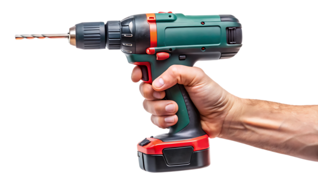 Battery screwdriver or drill on hand, isolated - on a white background PNG