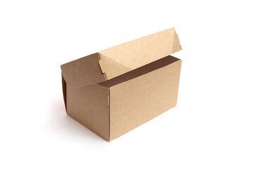 Open cardboard box with flaps raised, showcasing a simple design, ideal for packaging, storage, or...