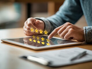 A person reviewing digital real estate listings with star ratings, showcasing online property valuation. Property analysis and checklists for management, strategic planning, and Investment success