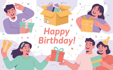 Happy birthday party illustration with a cartoon family, including mom, dad, children, and baby, celebrating in a vibrant room