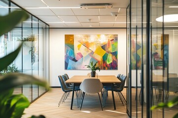 A modern glass office meeting room with abstract wall art and Scandinavian-style furniture, featuring clean lines and lush greenery.
