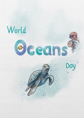Watercolor postcard for World Ocean Day on textured paper background. Cute inhabitants of the underwater world turtle, jellyfish.