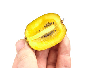 Hand holding a vibrant yellow fruit, sliced in half to reveal seeds and juicy interior, showcasing...