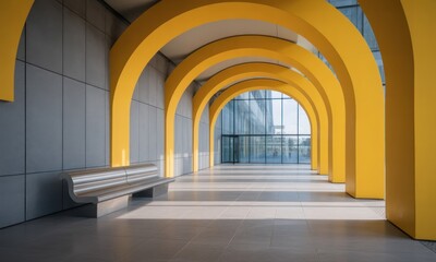 Obraz premium Modern, arch-shaped hallway with bright yellow supports