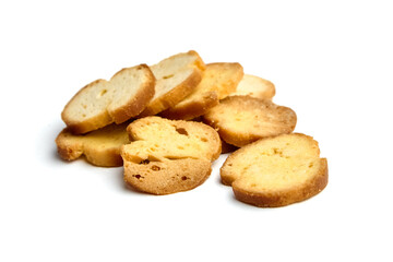 Delicious golden-brown biscotti cookies stacked artistically on a white background, showcasing their crunchy texture and inviting appearance for culinary enthusiasts and food lovers